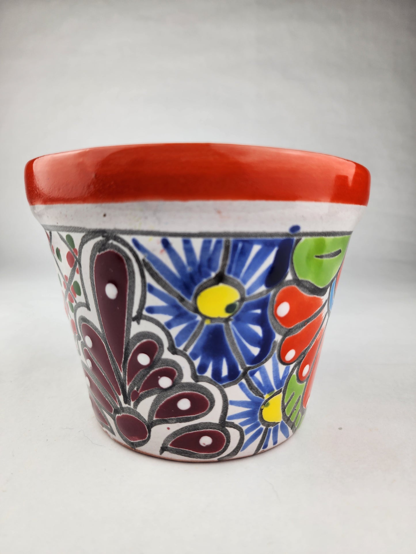 Small Talavera Flower Pot – Orange Rim, Handcrafted in Mexico