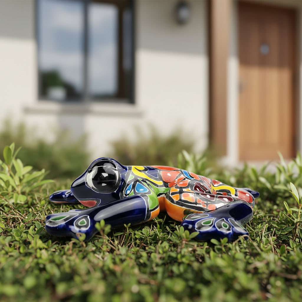 Colorful ceramic frog sculpture