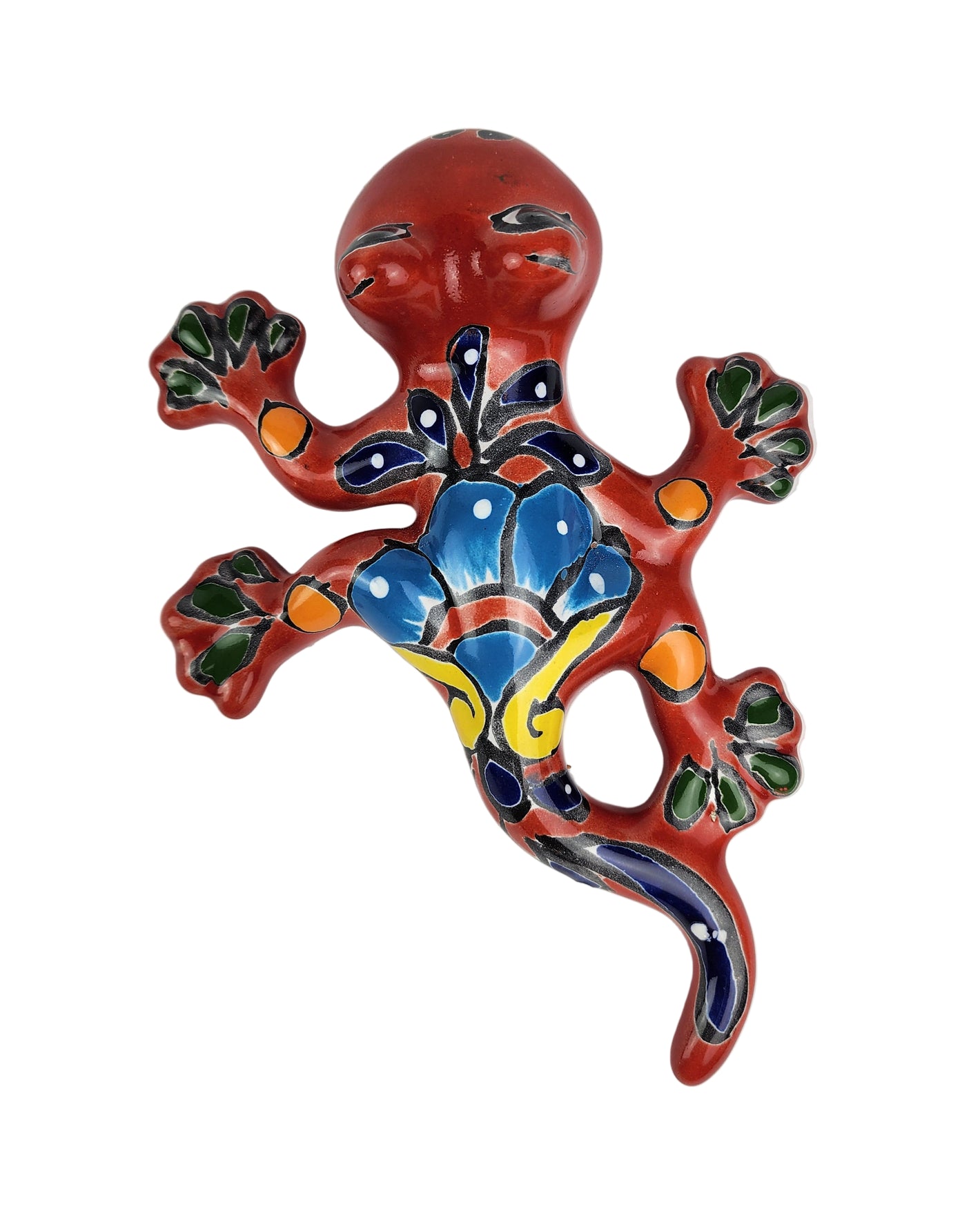 Colorful ceramic lizard wall hanging on a white background