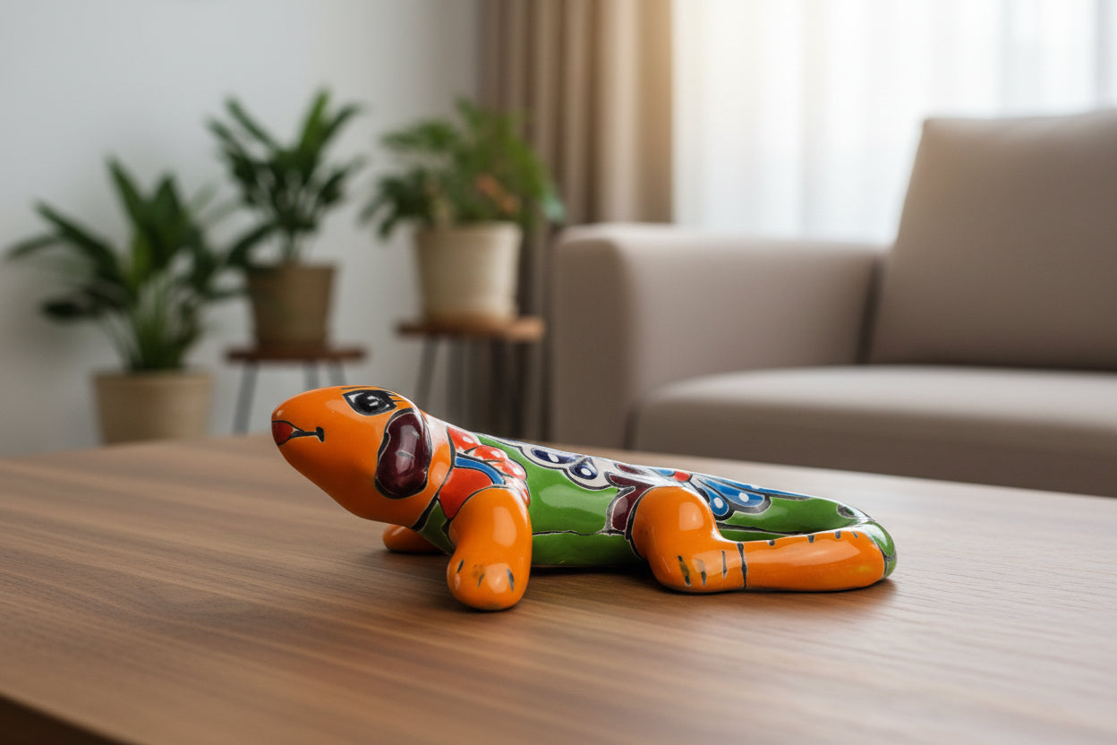 Colorful ceramic orange iguana