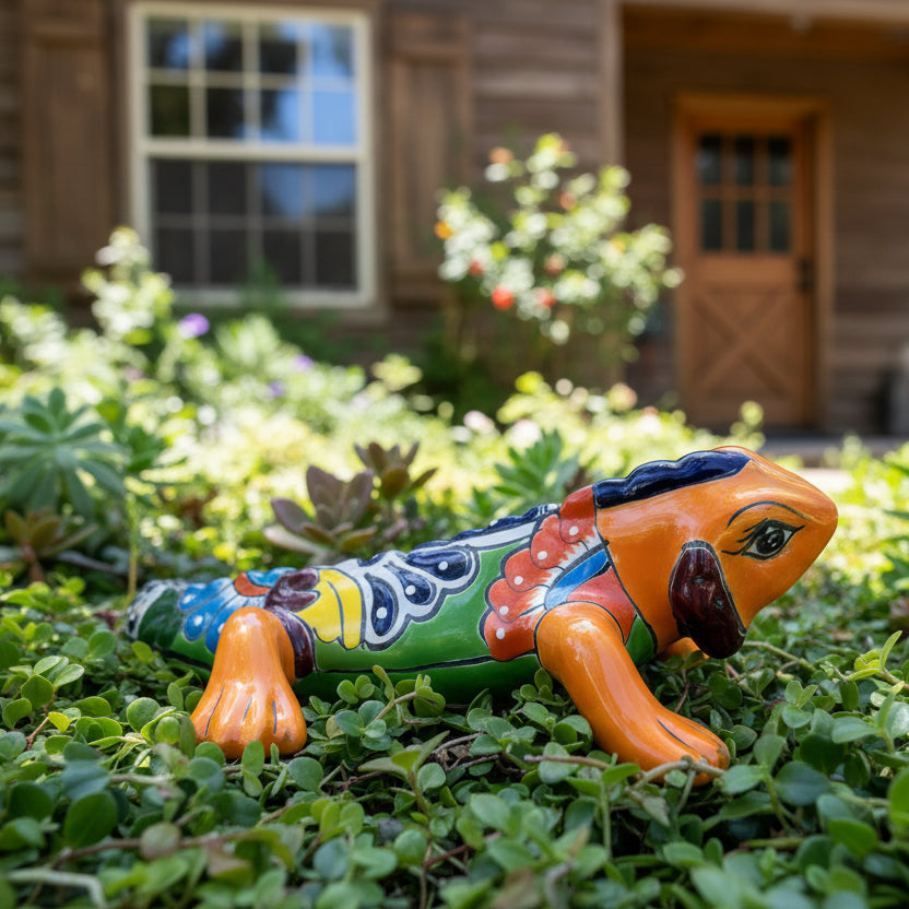 Colorful ceramic iguana figurine on grass with a house in the background