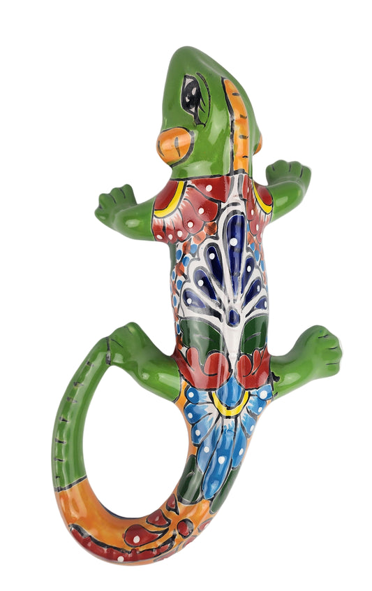 Colorful ceramic lizard sculpture on a white background