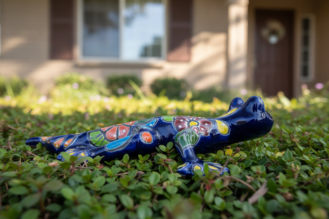 Decorative ceramic salamander with colorful patterns 