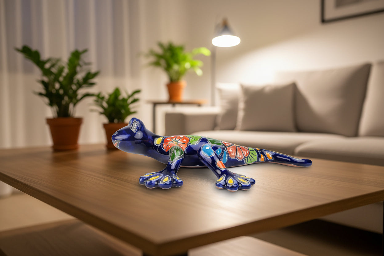Decorative ceramic salamander with colorful patterns