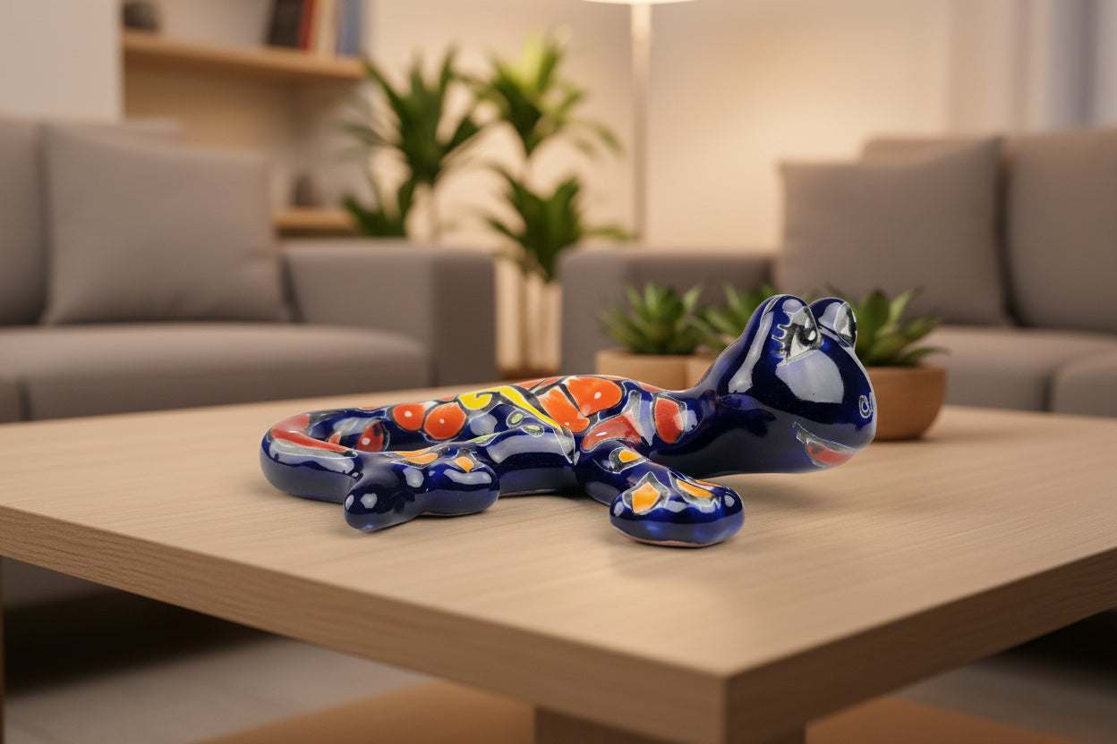 Decorative ceramic salamander with colorful patterns