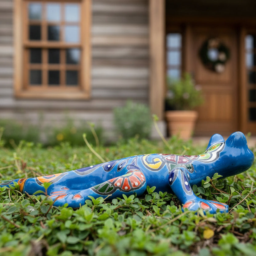Decorative blue salamander with colorful patterns