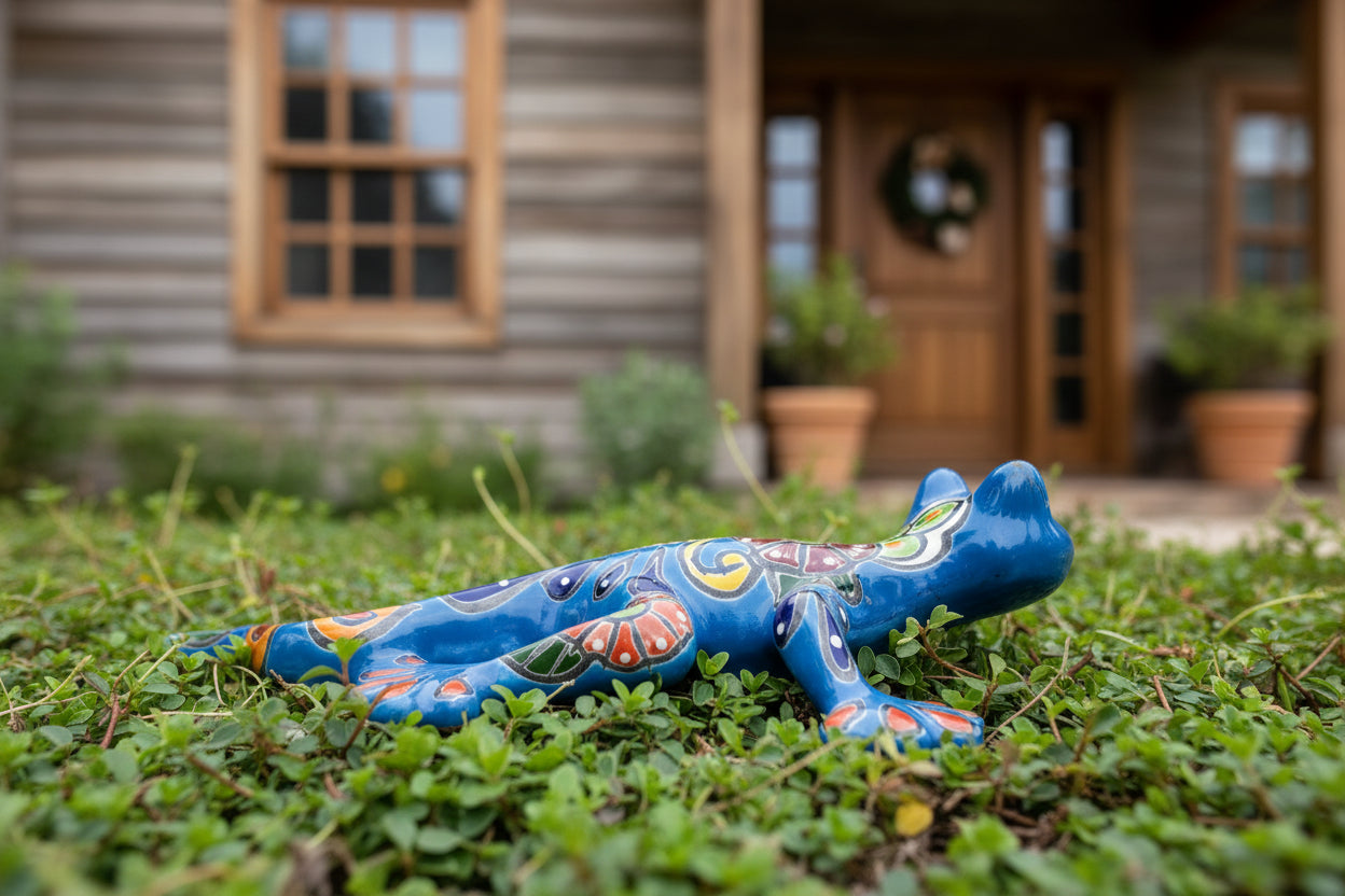Decorative blue salamander with colorful patterns