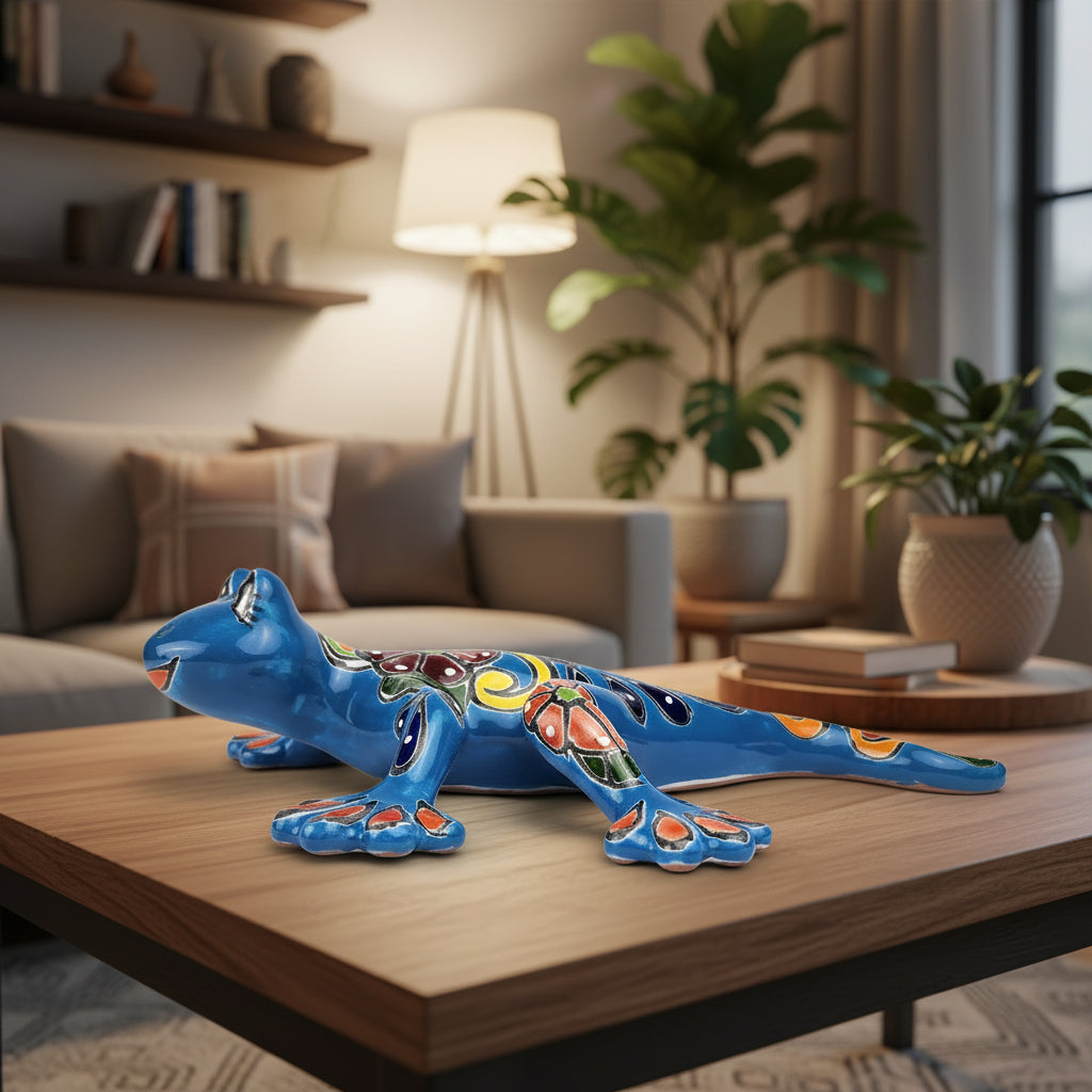 Decorative blue salamander with floral patterns