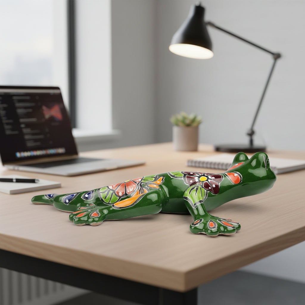 Decorative ceramic salamander with colorful patterns