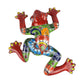Colorful ceramic frog sculpture on a white background