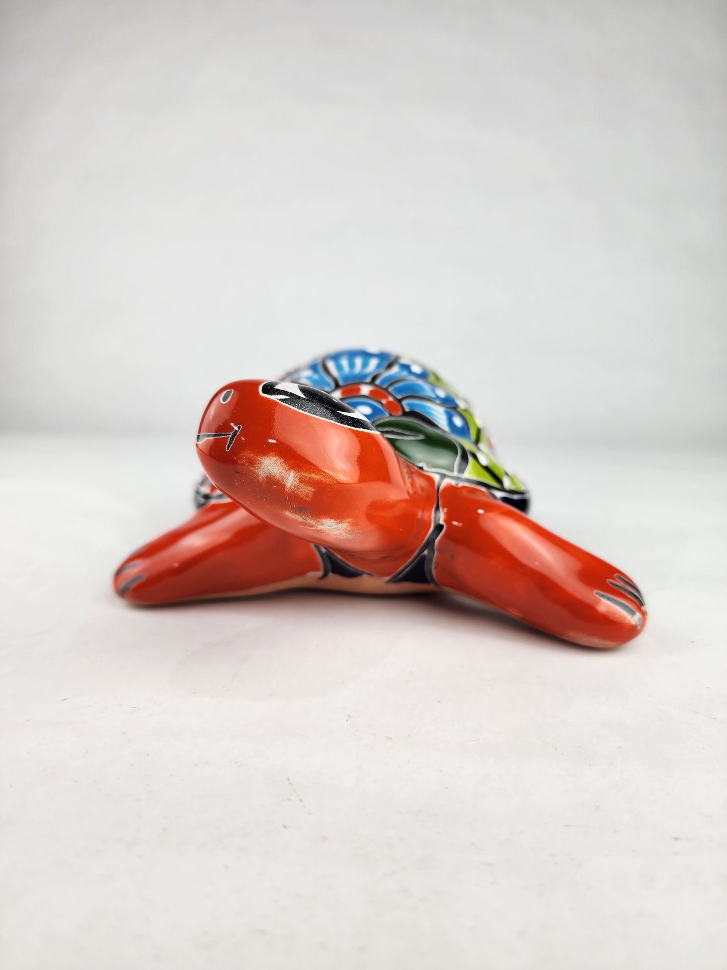 Talavera-Style Ceramic Turtle Figurine | Red-Orange & Multicolor Mexican Folk Art