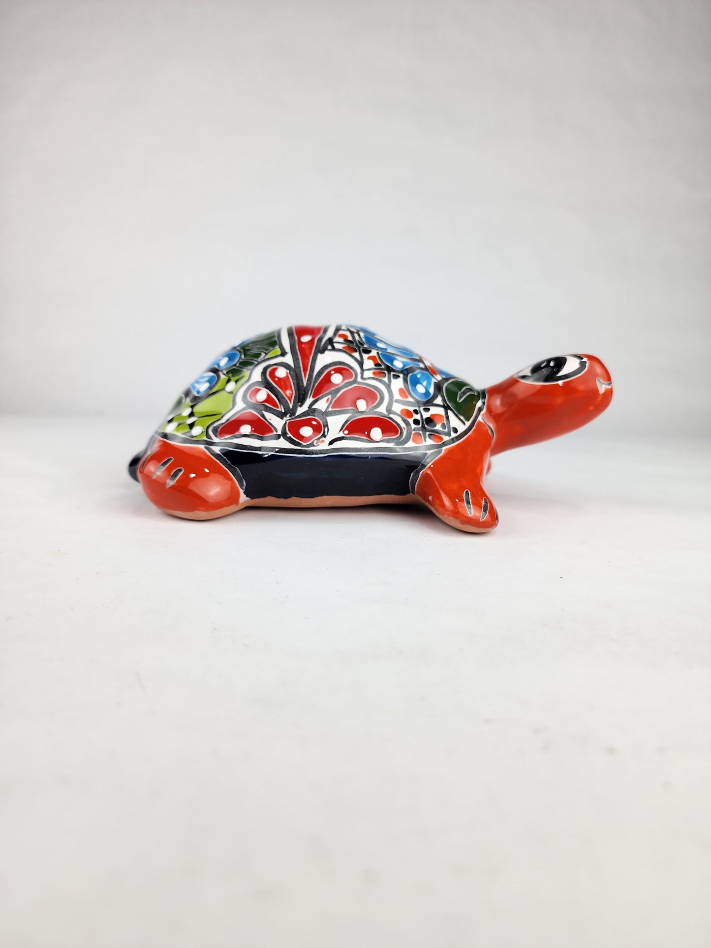 Talavera-Style Ceramic Turtle Figurine | Red-Orange & Multicolor Mexican Folk Art
