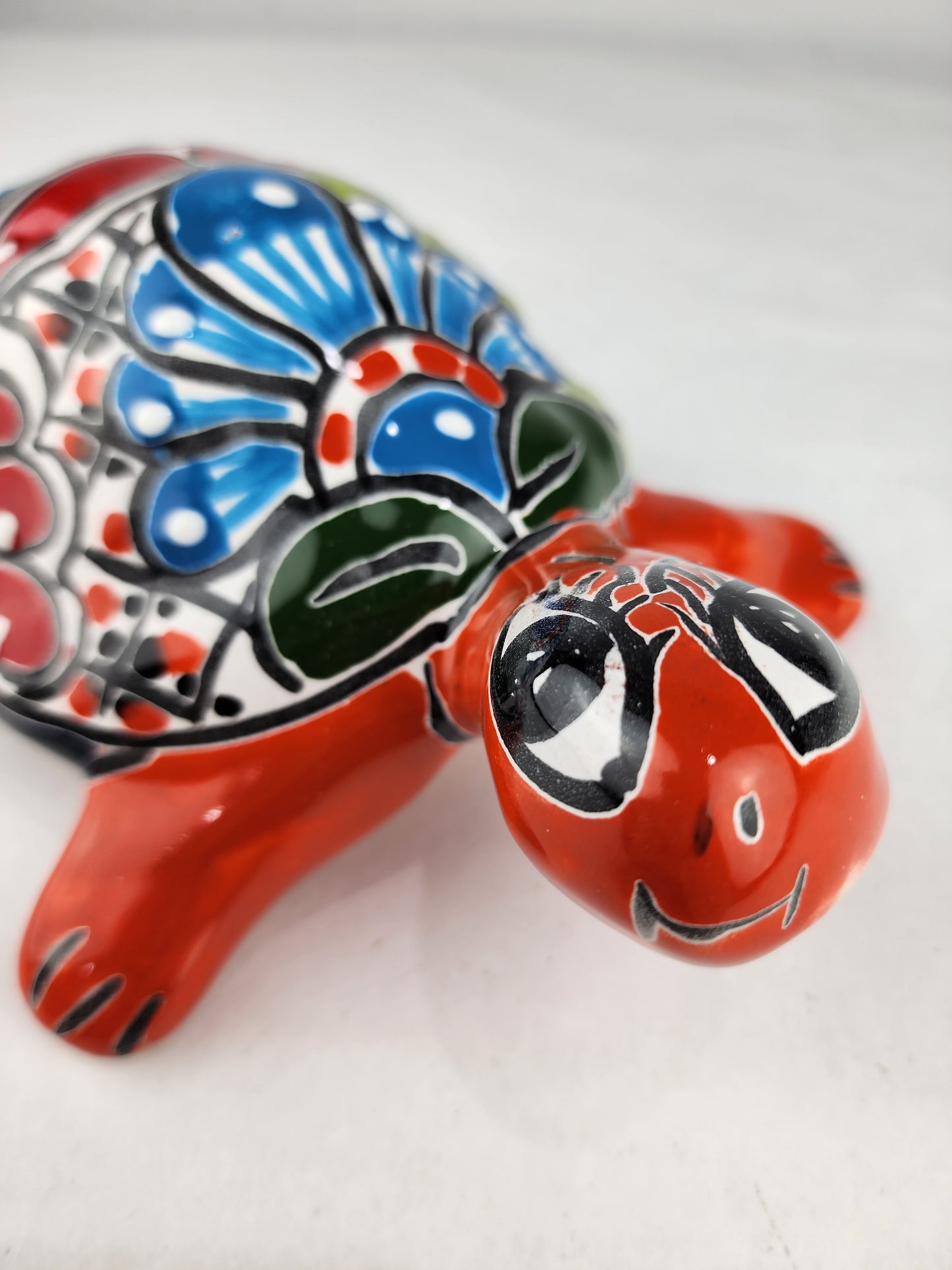 Talavera-Style Ceramic Turtle Figurine | Red-Orange & Multicolor Mexican Folk Art