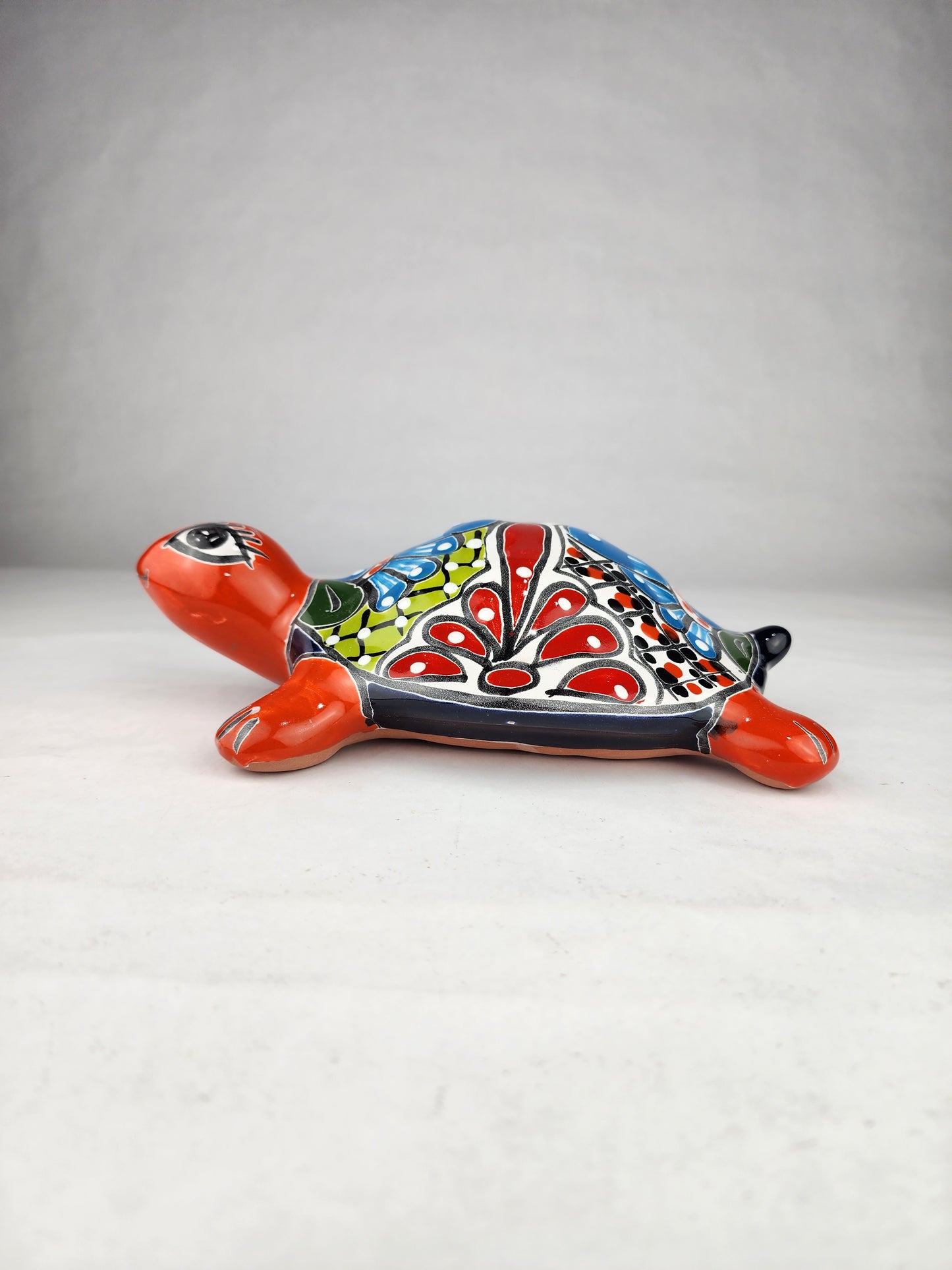 Talavera-Style Ceramic Turtle Figurine | Red-Orange & Multicolor Mexican Folk Art
