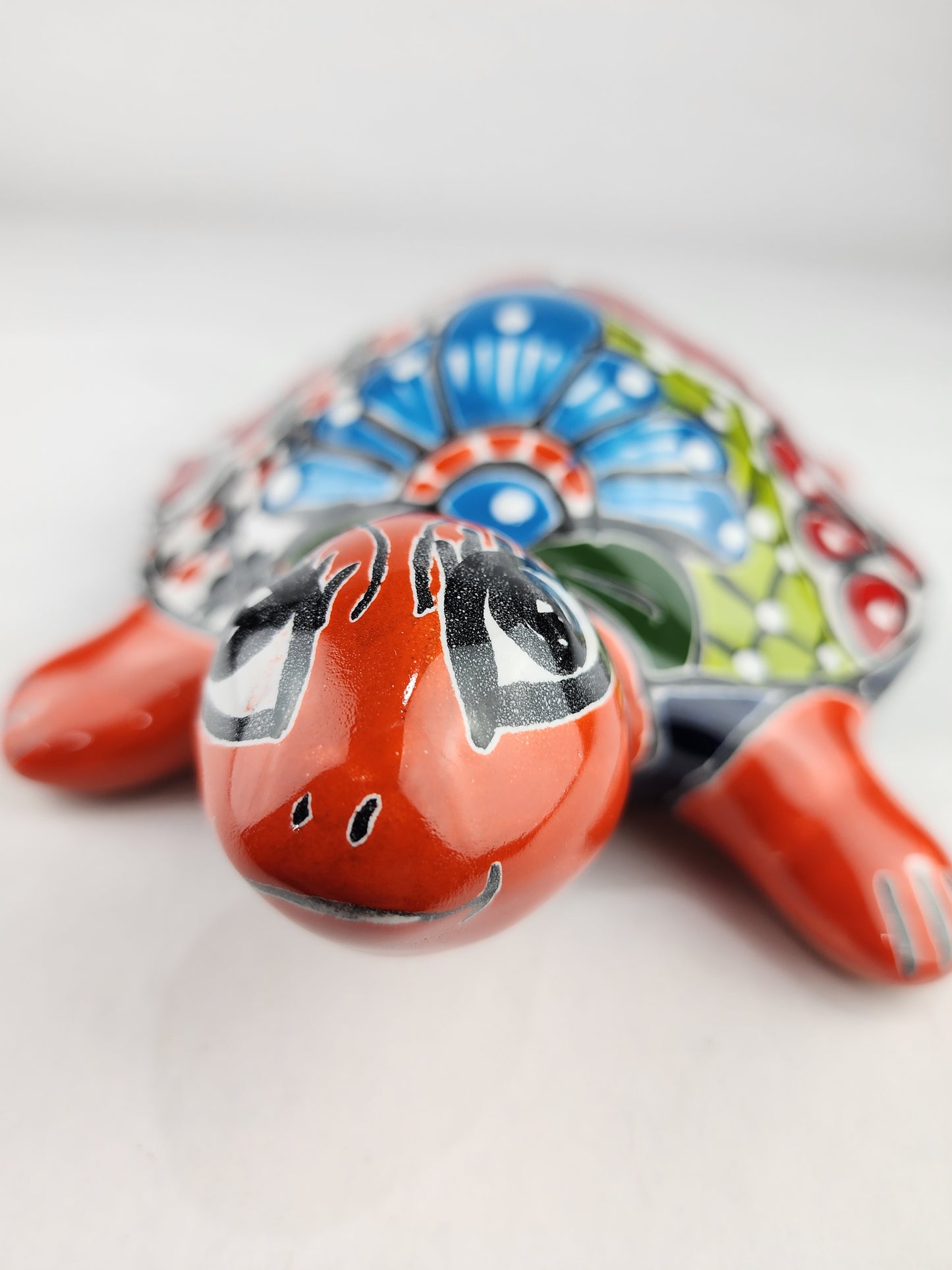 Talavera-Style Ceramic Turtle Figurine | Red-Orange & Multicolor Mexican Folk Art