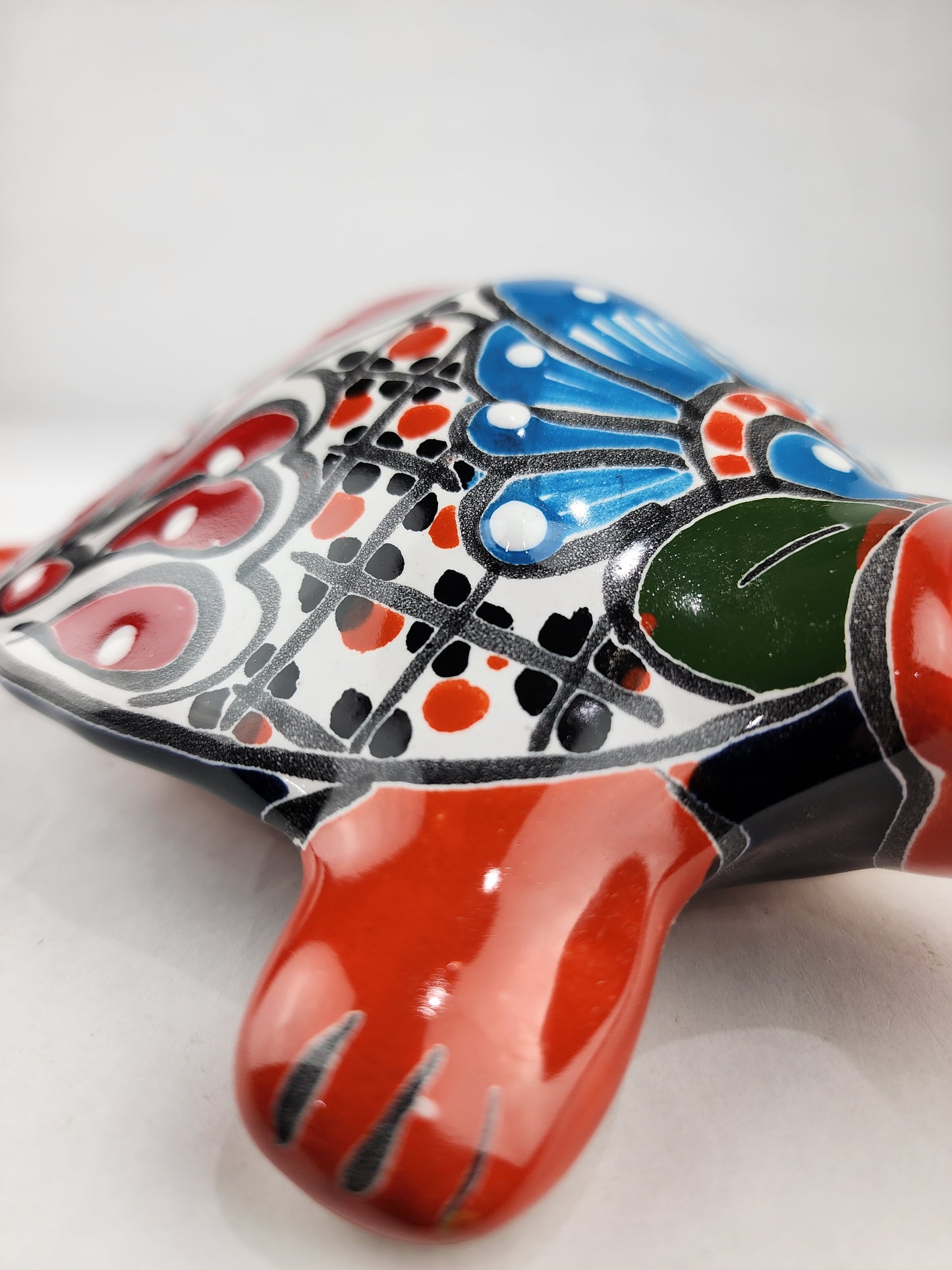 Talavera-Style Ceramic Turtle Figurine | Red-Orange & Multicolor Mexican Folk Art