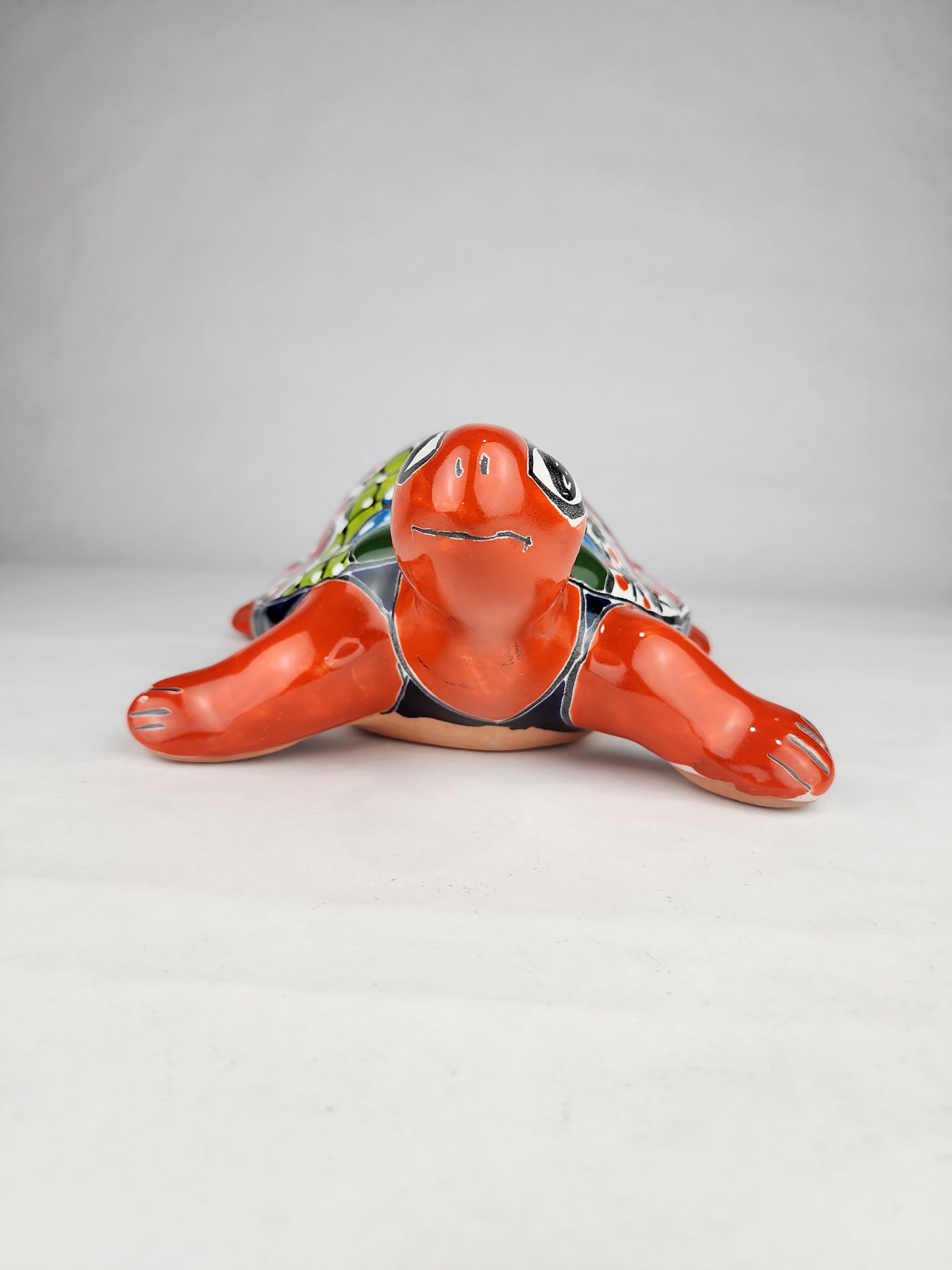 Talavera-Style Ceramic Turtle Figurine | Red-Orange & Multicolor Mexican Folk Art