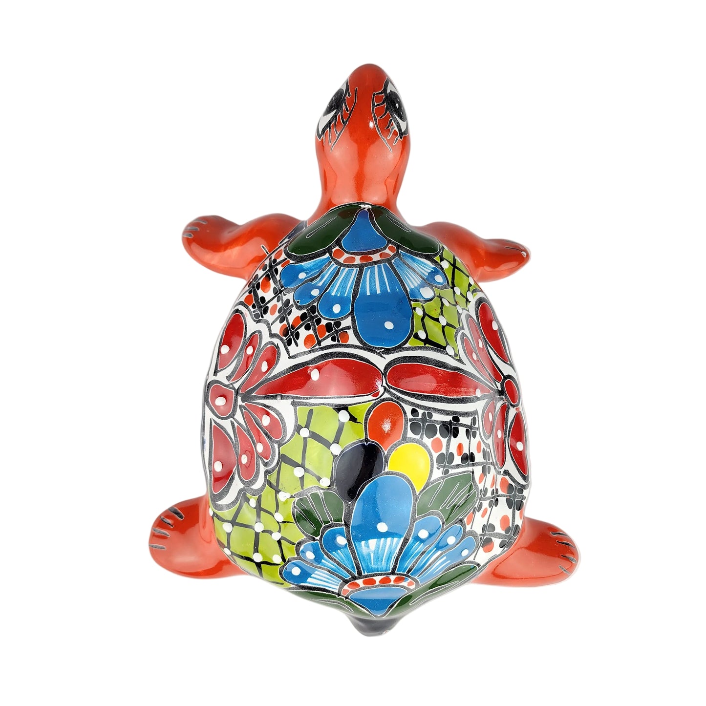 Colorful turtle with floral patterns on a white background