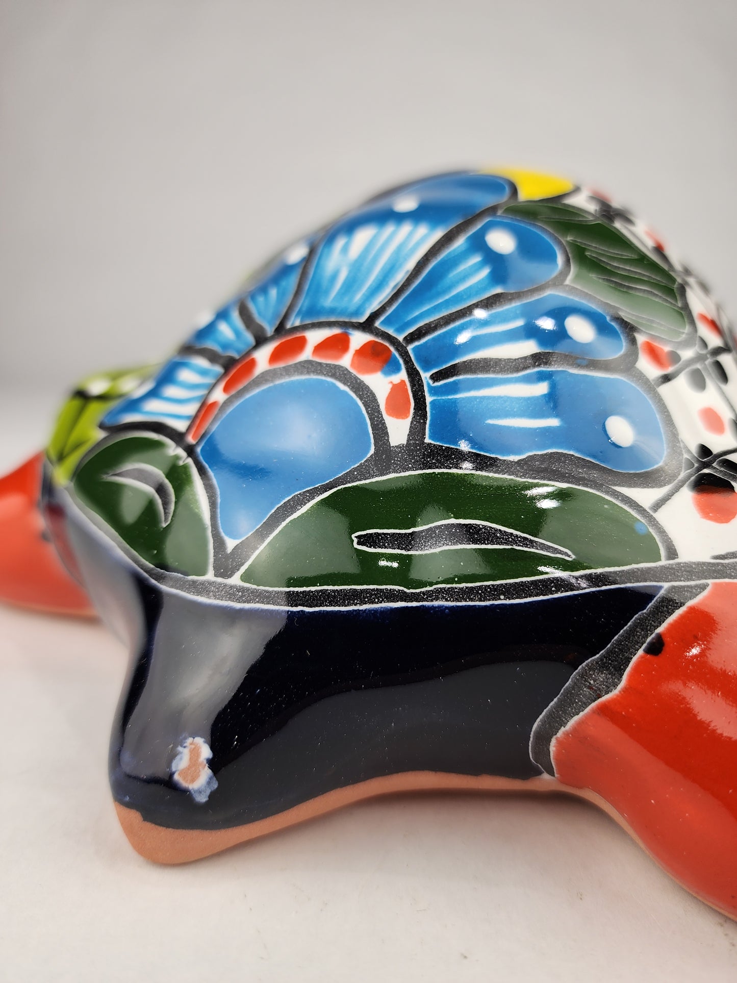 Talavera-Style Ceramic Turtle Figurine | Red-Orange & Multicolor Mexican Folk Art
