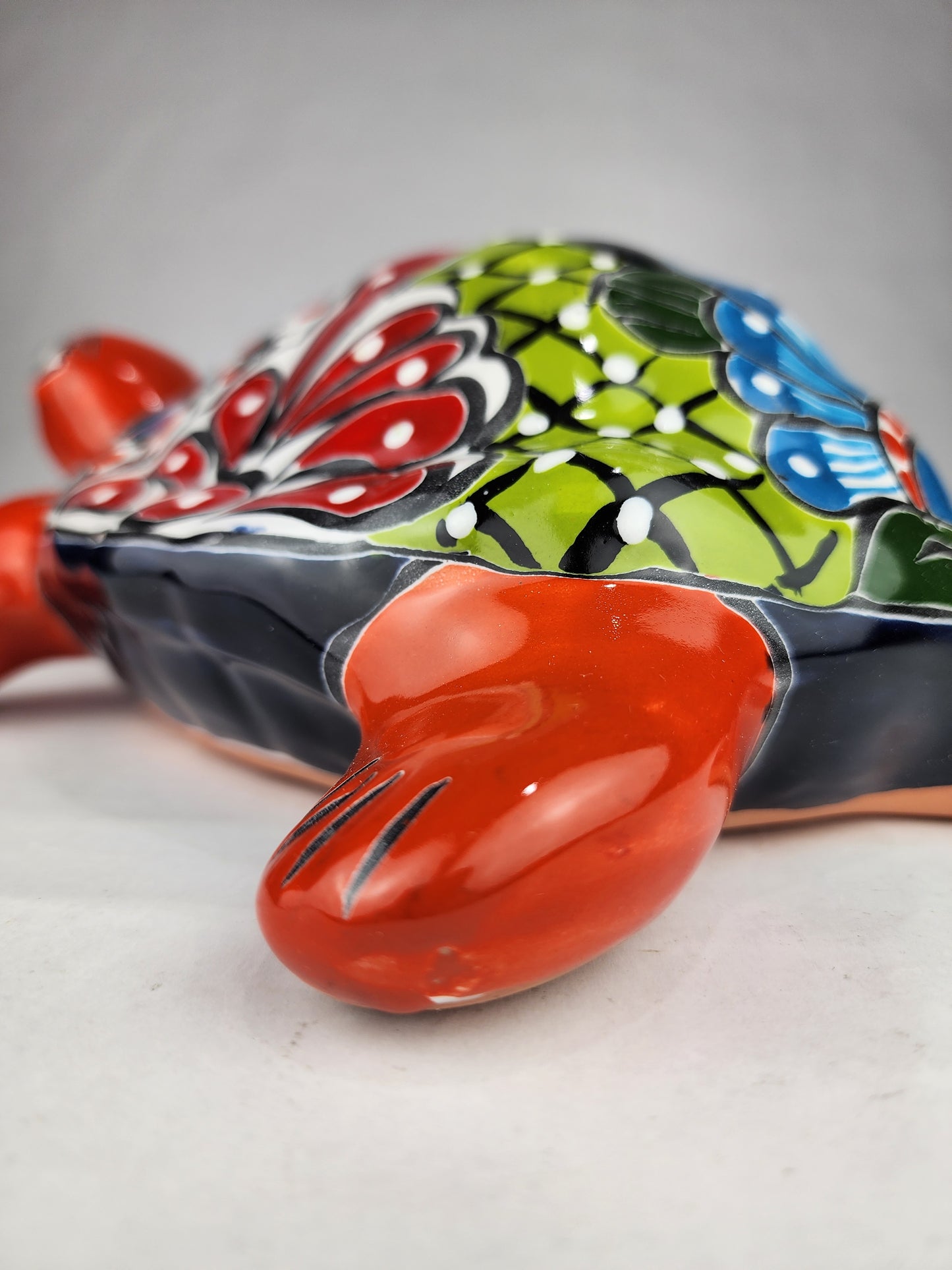 Talavera-Style Ceramic Turtle Figurine | Red-Orange & Multicolor Mexican Folk Art
