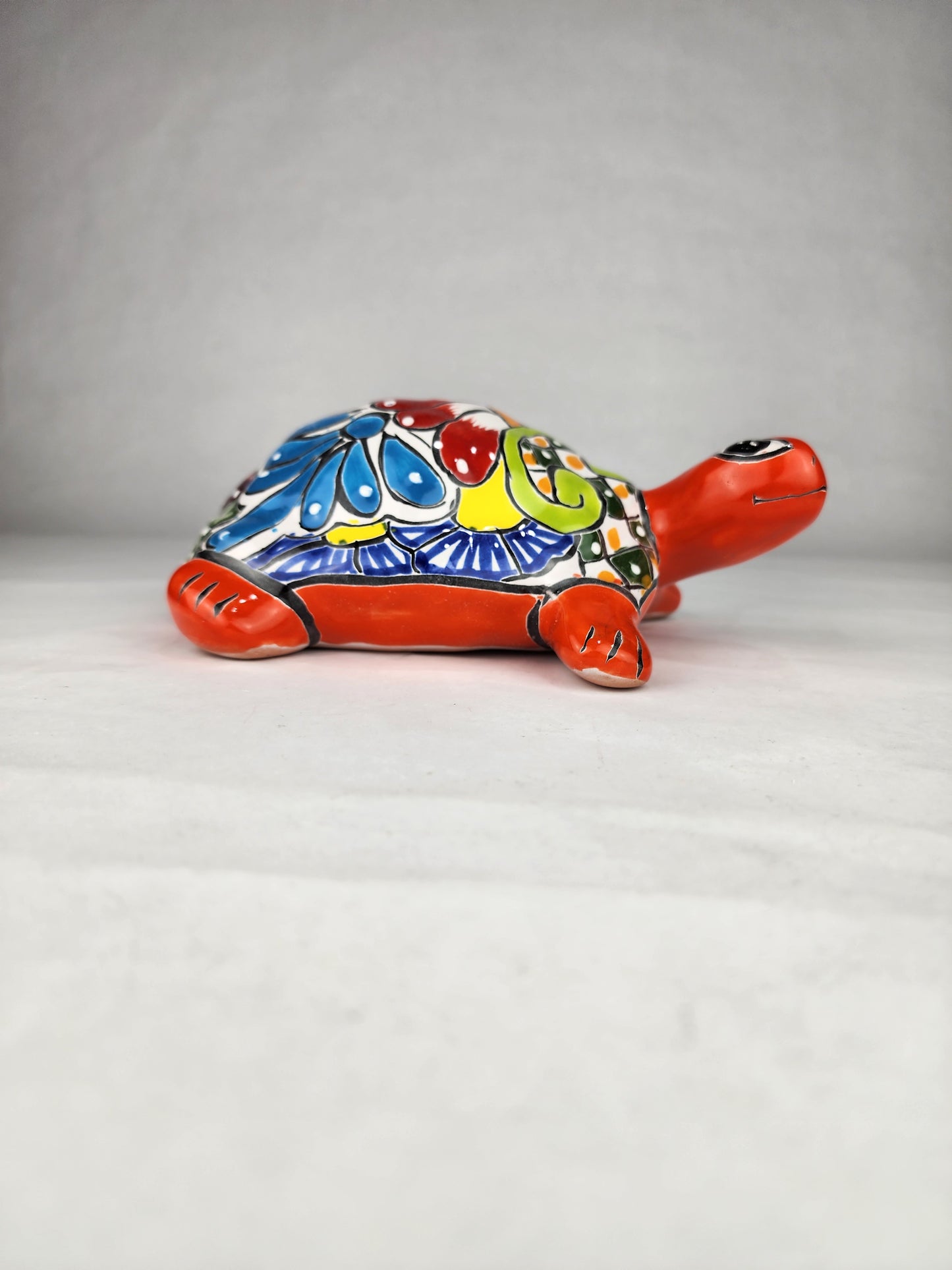 Red-Orange Talavera Style Turtle Figurine – Mexican Ceramic Folk Art Décor