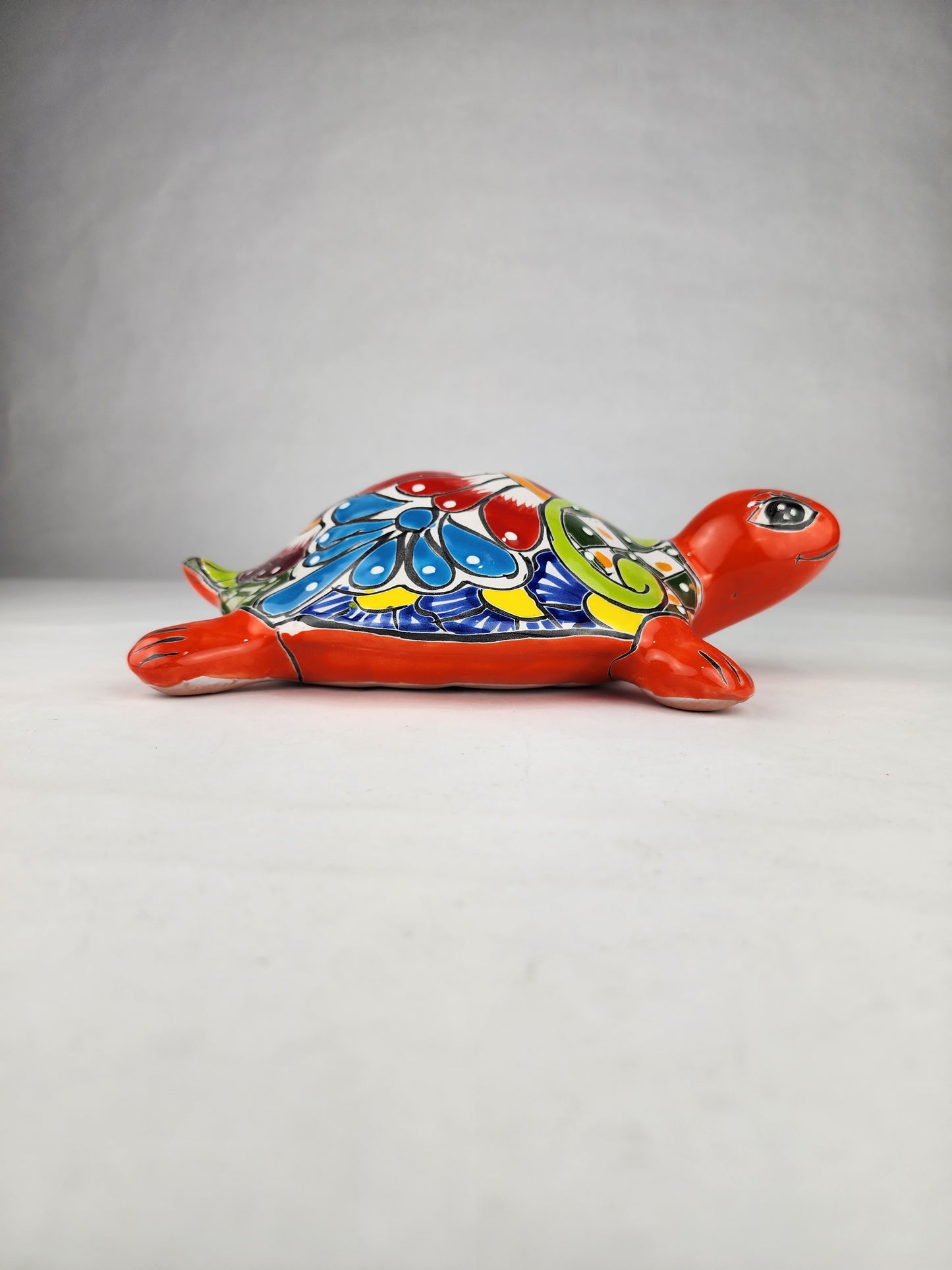 Orange Talavera-Style Ceramic Turtle Figurine 9.5" – Mexican Folk Art Décor