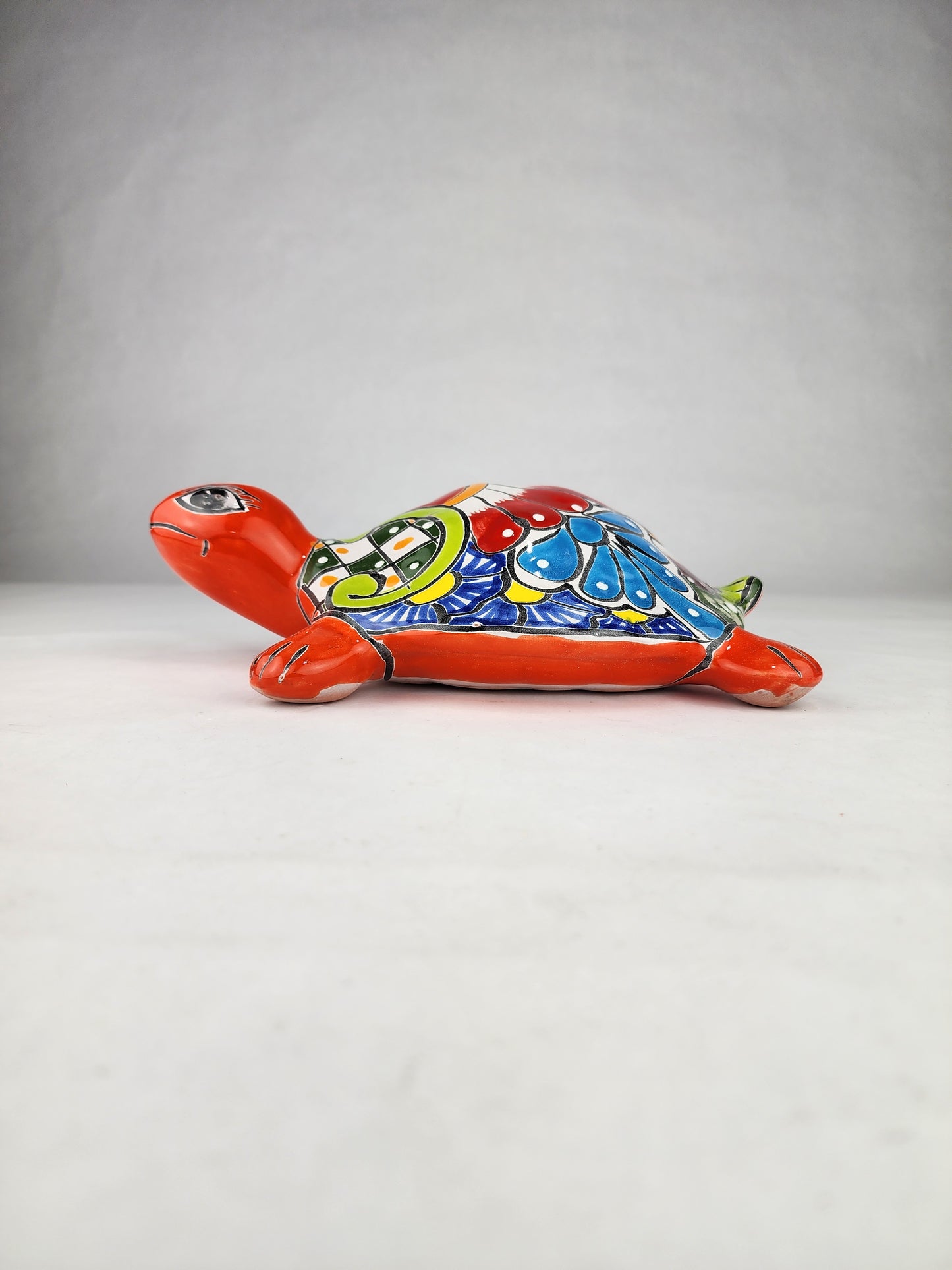 Orange Talavera-Style Ceramic Turtle Figurine 9.5" – Mexican Folk Art Décor
