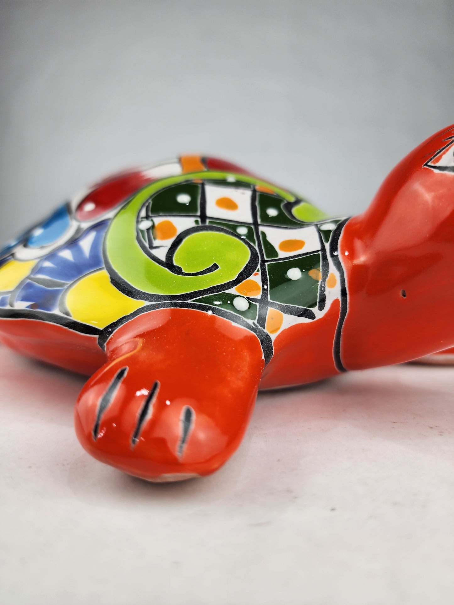Orange Talavera-Style Ceramic Turtle Figurine 9.5" – Mexican Folk Art Décor