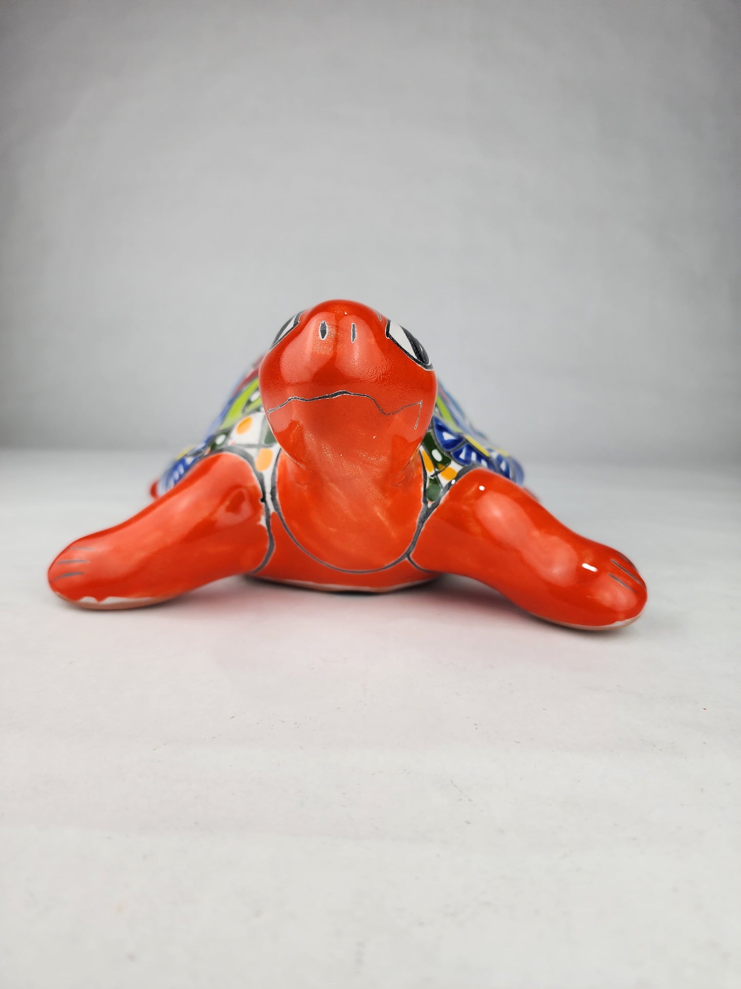 Red-Orange Talavera-Style Turtle Figurine 11" – Mexican Folk Art Décor