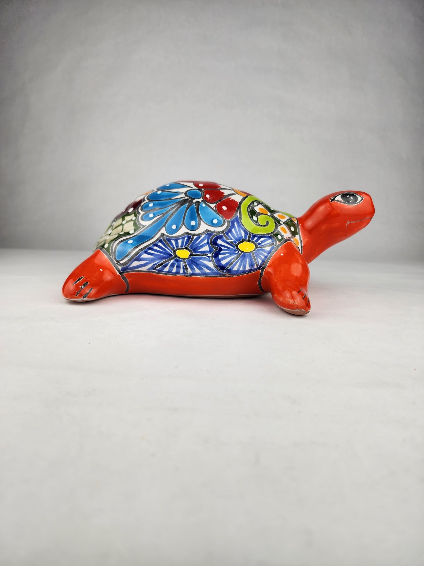 Red-Orange Talavera-Style Turtle Figurine 11" – Mexican Folk Art Décor