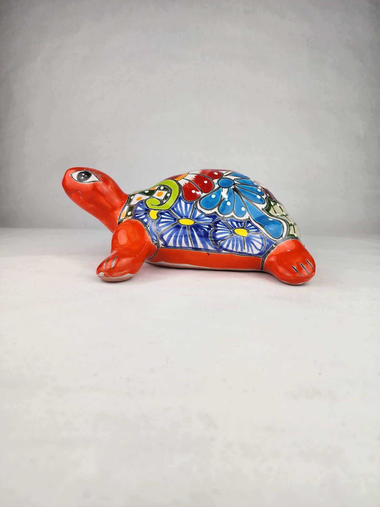 Red-Orange Talavera-Style Turtle Figurine 11" – Mexican Folk Art Décor