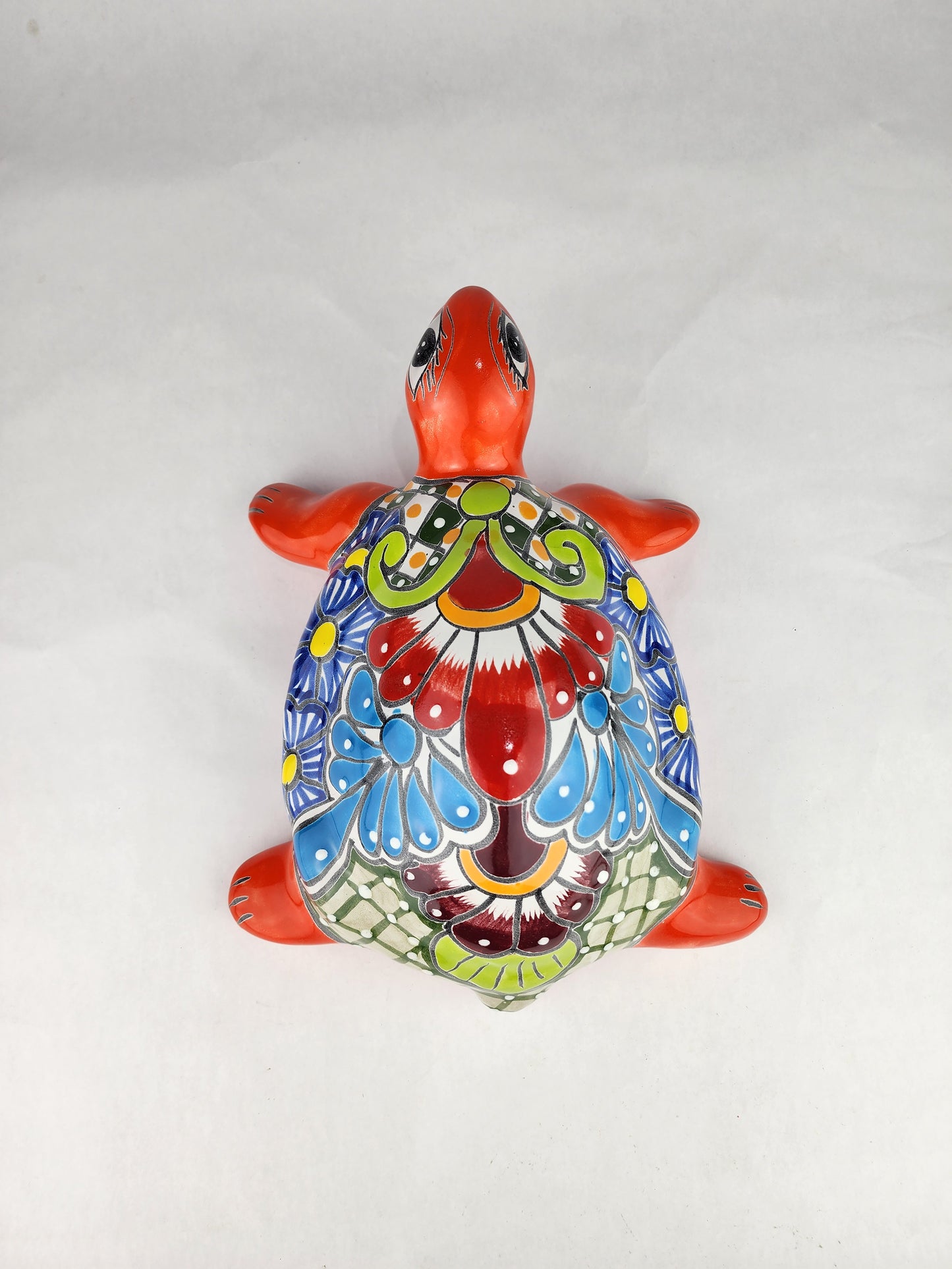 Red-Orange Talavera-Style Turtle Figurine 11" – Mexican Folk Art Décor