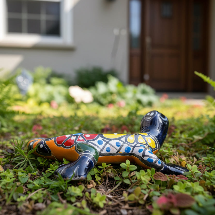 Blue Talavera-Style Gecko – Handcrafted Mexican Folk Art Décor