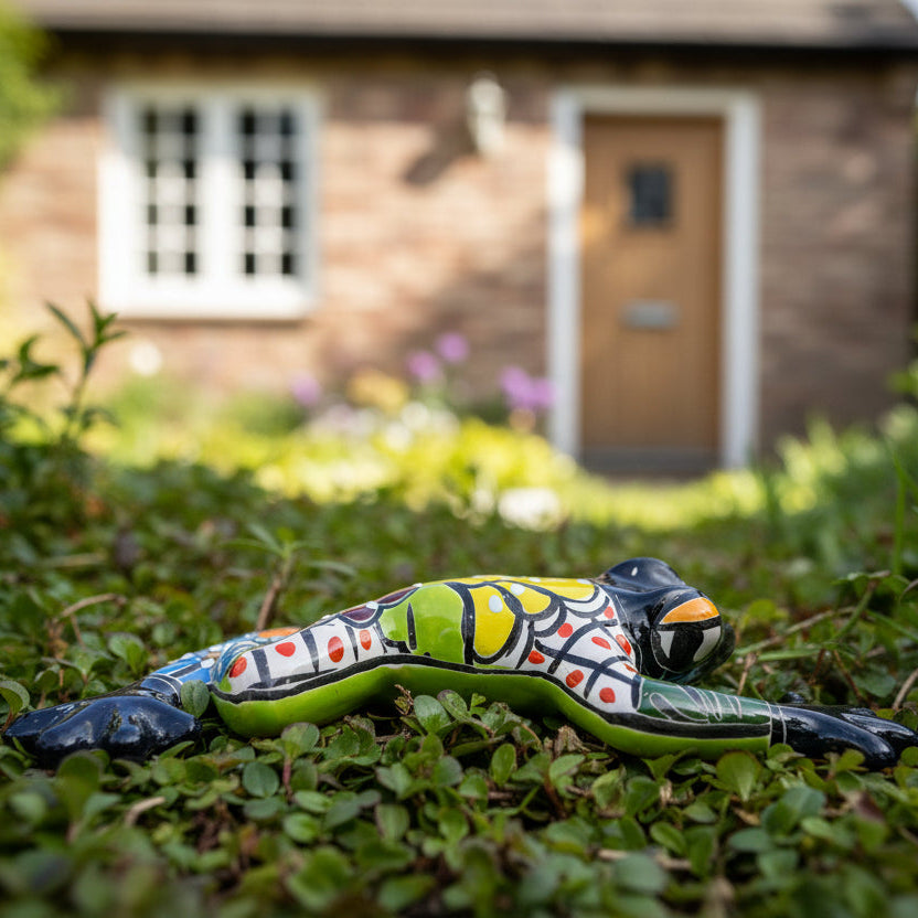 Colorful ceramic frog figurine