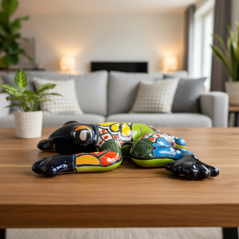 Colorful ceramic frog sculpture 