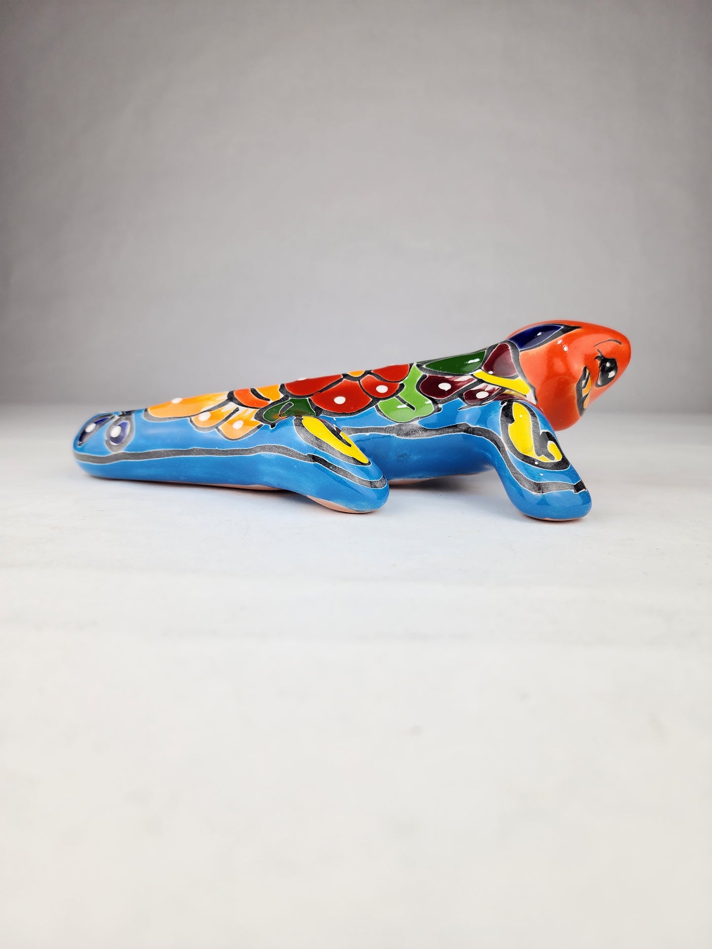 Sky Blue & Orange Talavera-Style Iguana – Mexican Folk Art Décor
