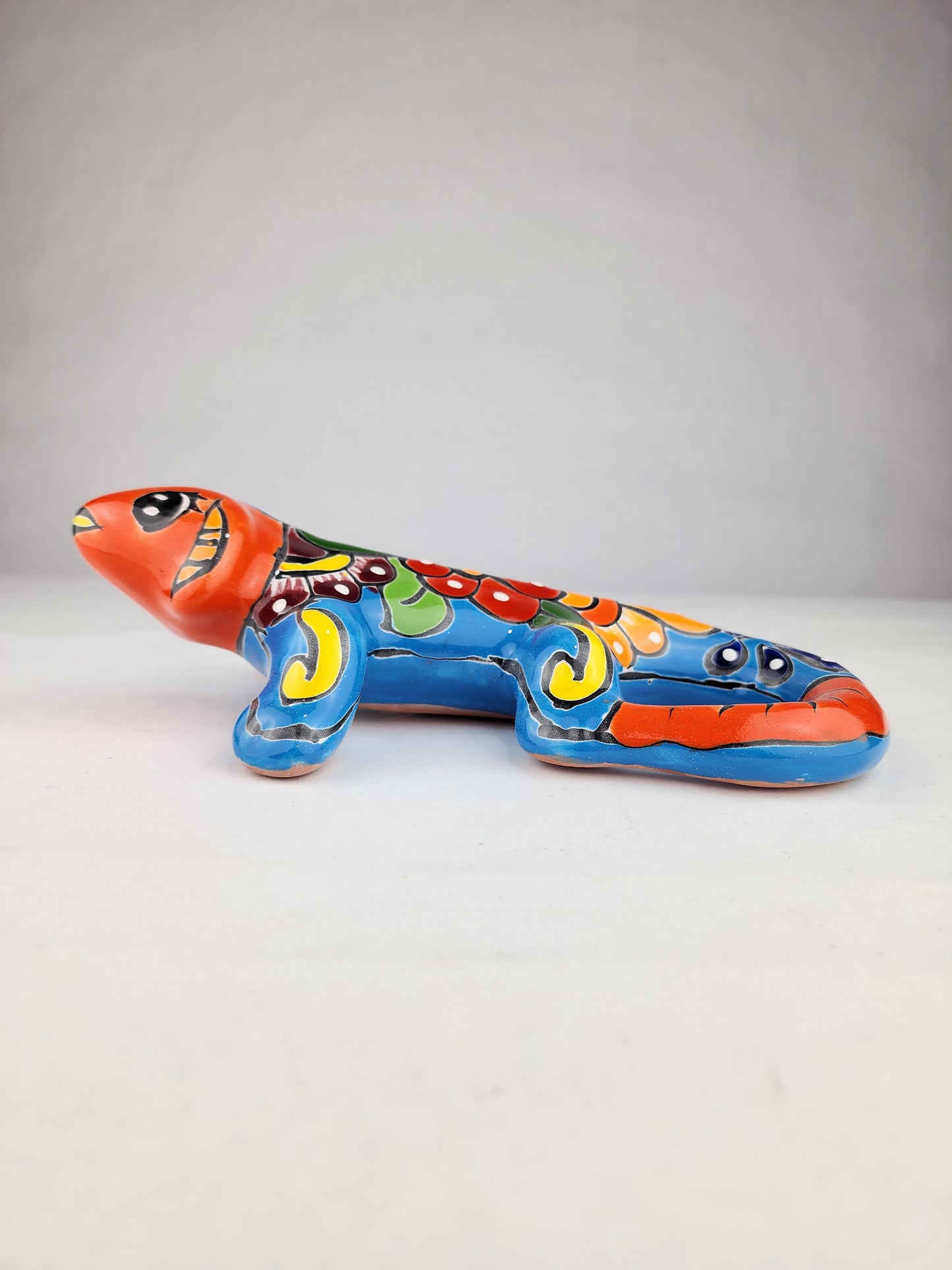 Sky Blue & Orange Talavera-Style Iguana – Mexican Folk Art Décor