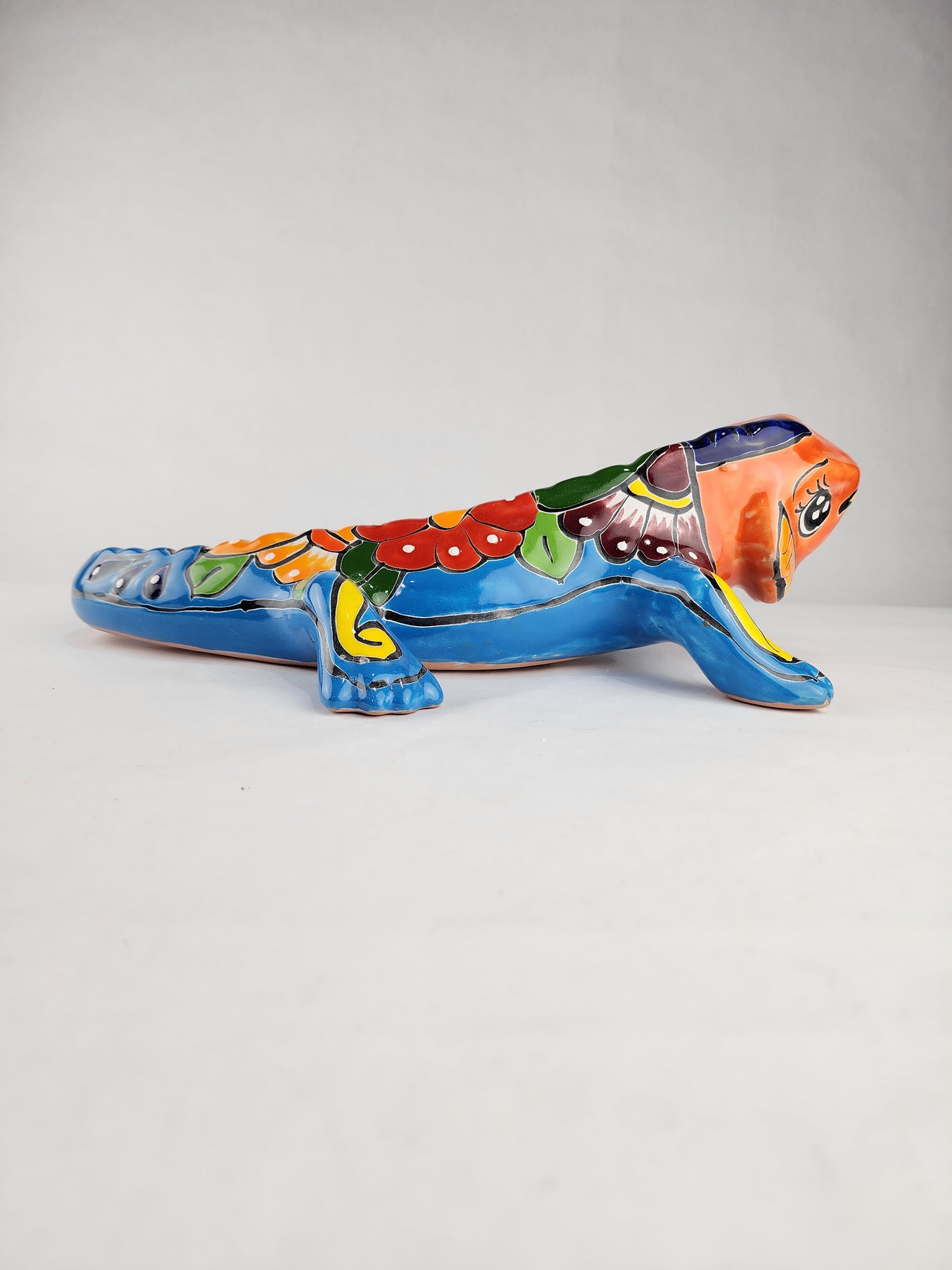 Talavera-Style Ceramic Iguana Wall Décor | Orange & Turquoise-Blue Mexican Folk Art