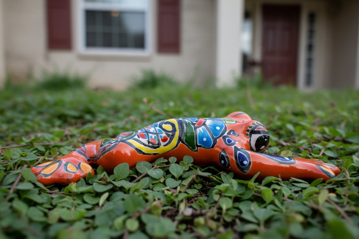 Decorative ceramic frog with colorful patterns 