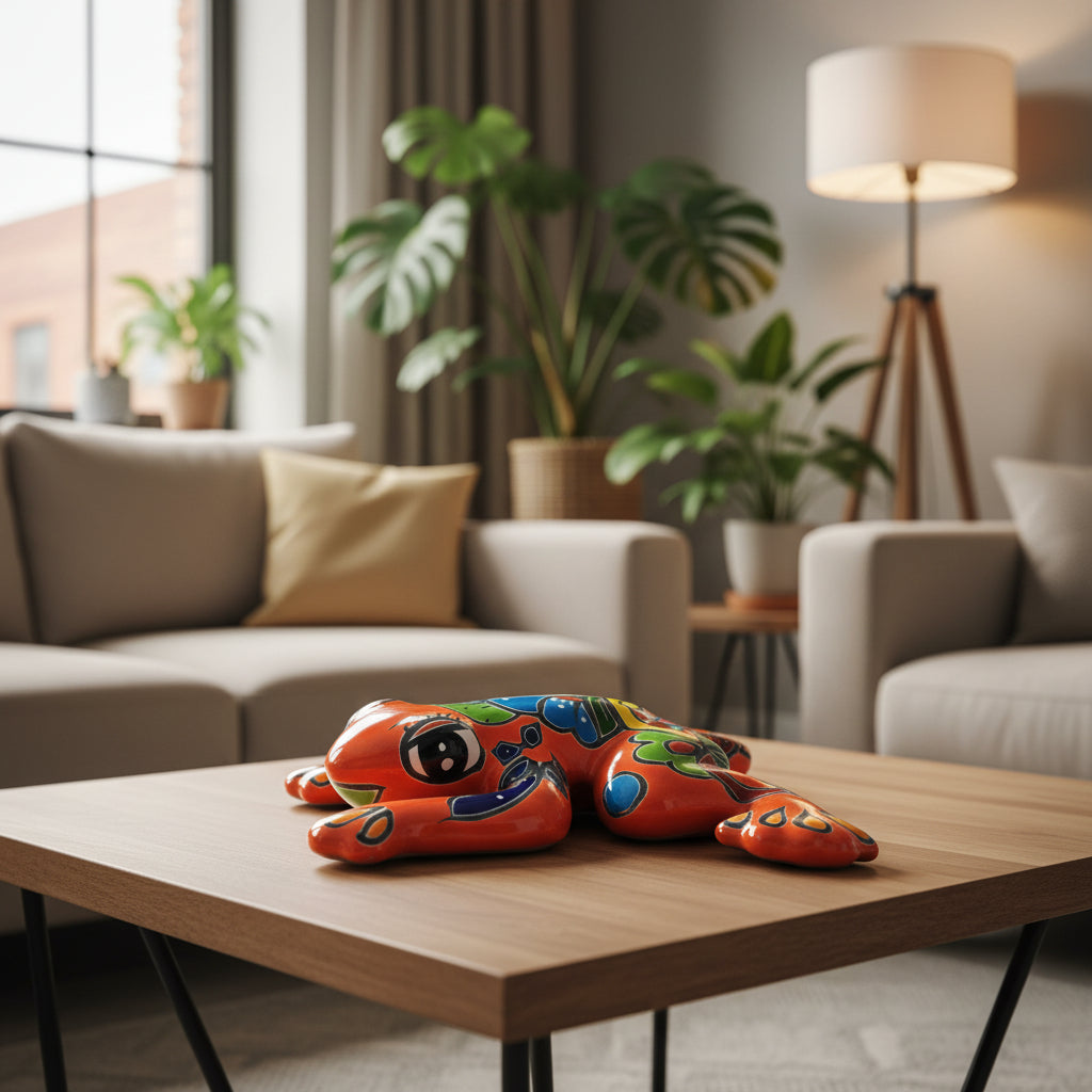 Ceramic colorful frog on a coffee table