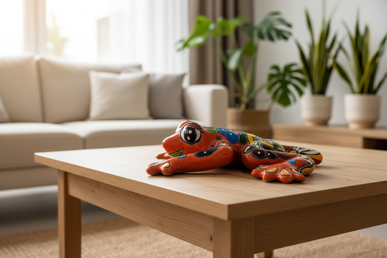 Colorful ceramic frog on a coffee table