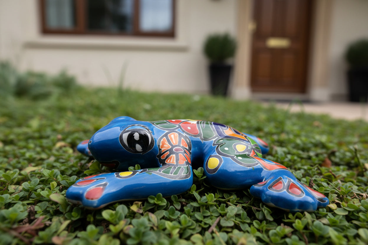 Decorative ceramic frog with colorful patterns