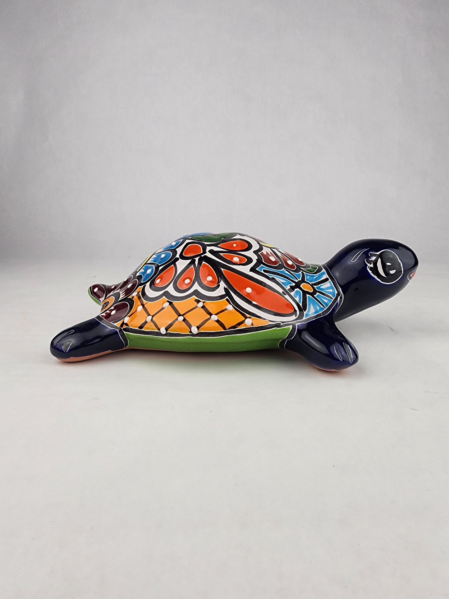 Blue Talavera-Style Ceramic Turtle Figurine 9.5" – Mexican Folk Art Décor