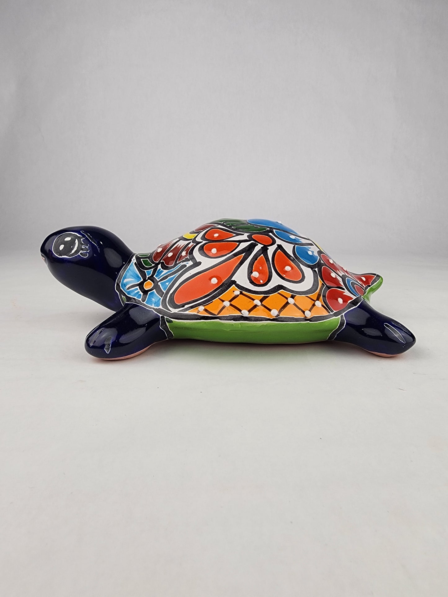 Blue Talavera-Style Ceramic Turtle Figurine 9.5" – Mexican Folk Art Décor