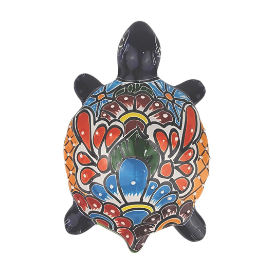 Blue Talavera-Style Ceramic Turtle Figurine 9.5" – Mexican Folk Art Décor