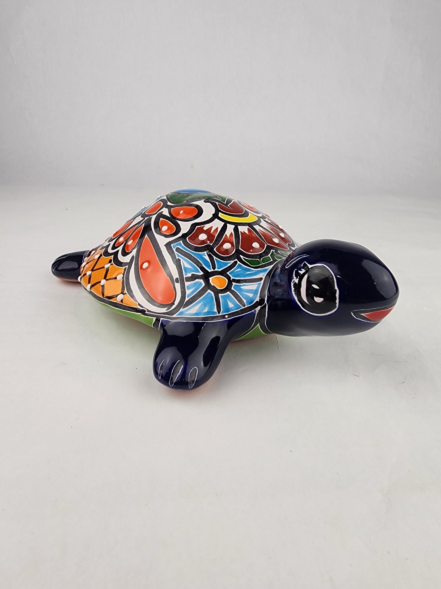 Blue Talavera-Style Ceramic Turtle Figurine 9.5" – Mexican Folk Art Décor