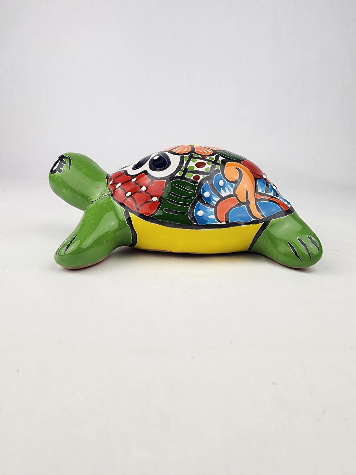 Green Talavera-Style Ceramic Turtle Figurine 8.5" – Mexican Folk Art Décor