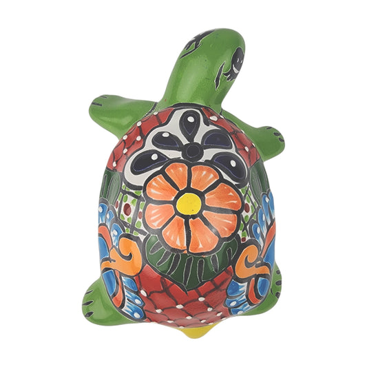 Green Talavera-Style Ceramic Turtle Figurine 8.5" – Mexican Folk Art Décor