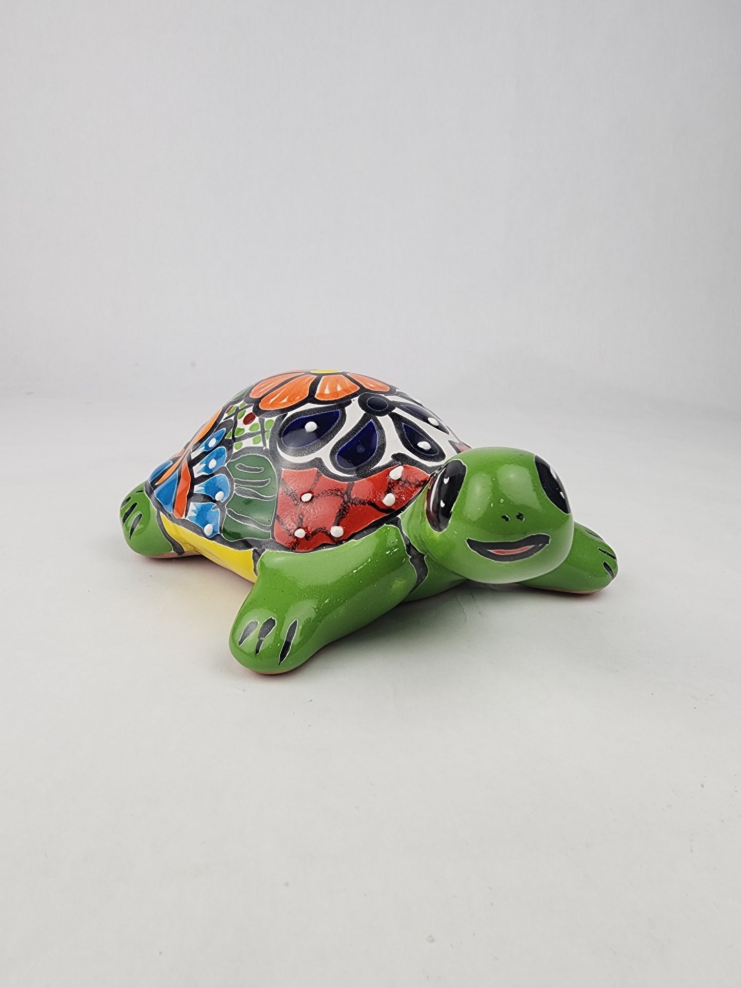 Green Talavera-Style Ceramic Turtle Figurine 8.5" – Mexican Folk Art Décor