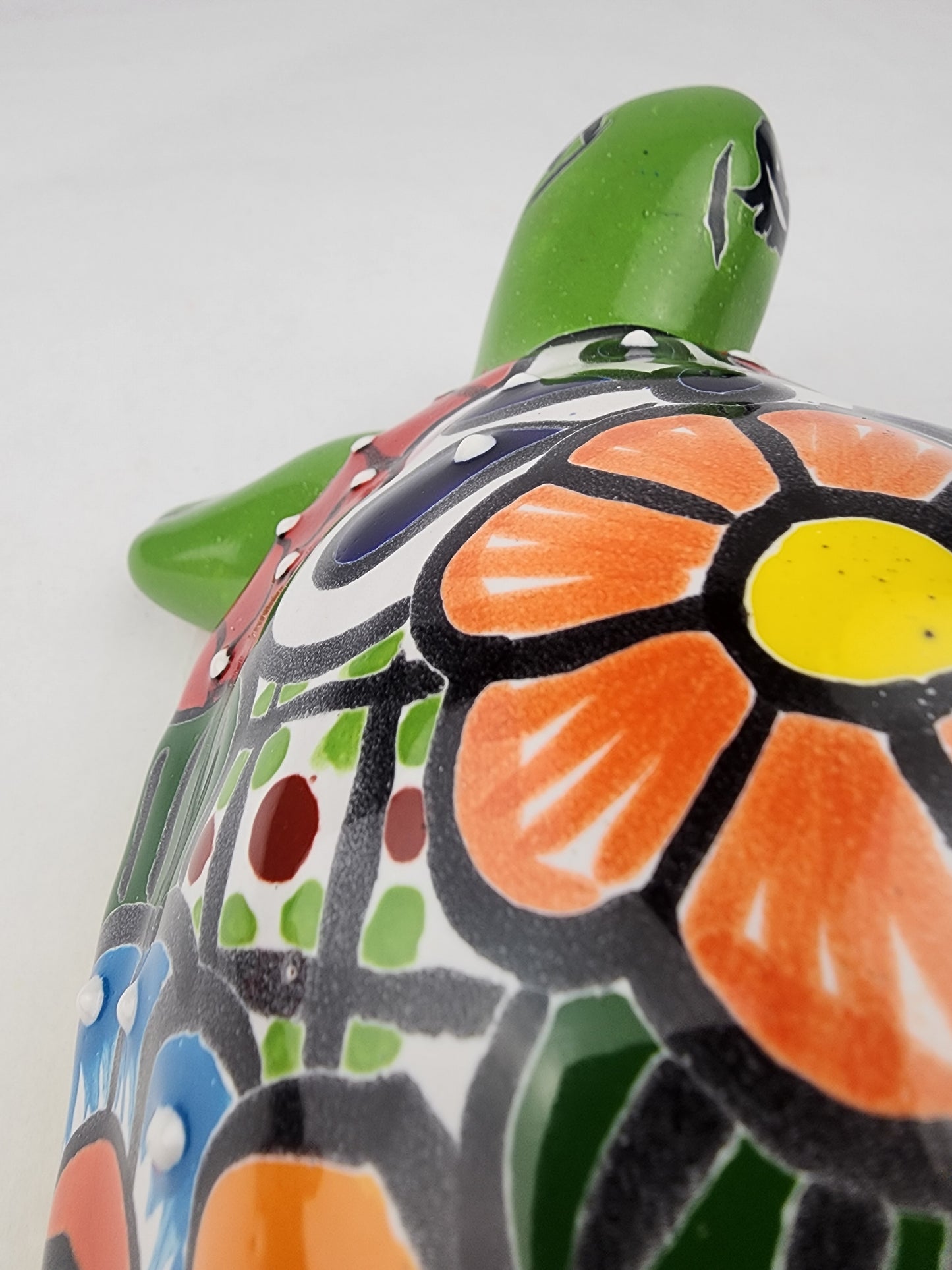 Green Talavera-Style Ceramic Turtle Figurine 8.5" – Mexican Folk Art Décor